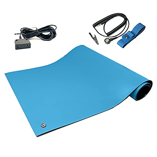RubberStat Dual Layer ESD Compliant Workstation Rubber Table Mat Kit, Soldering, Cell Phone Repair, with Wrist Strap Set and Ground Cord - 30"x72" Blue