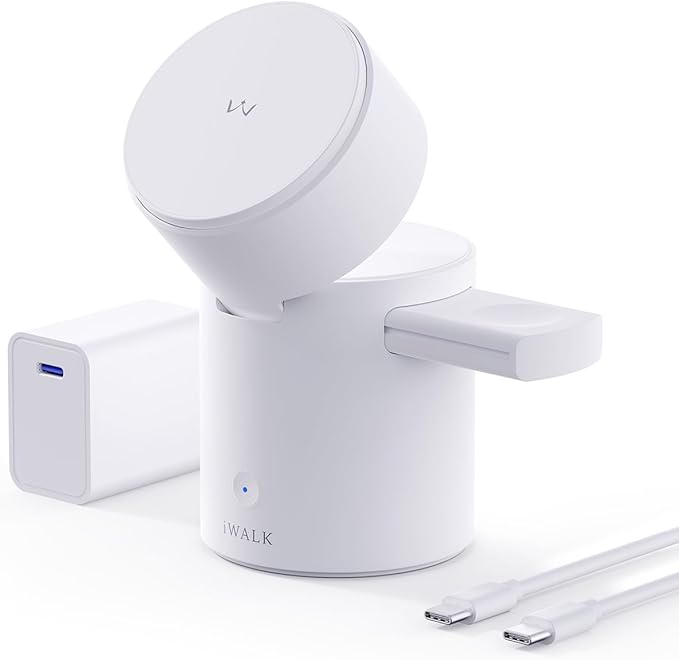 iWALK 3 in 1 Wireless Charging Stand with Auto Rotation, Charging Station with Magnet for Apple Devices, 15W Foldable Wireless Charger Station for iPhone 16 15 14 13 12 & Apple Watch & Airpods, White