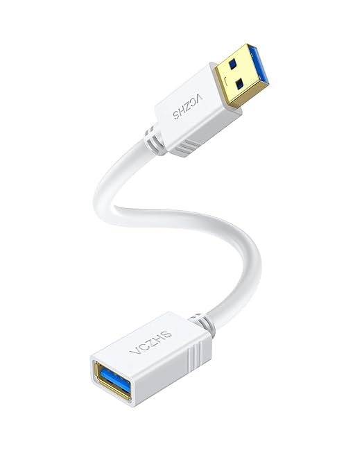 VCZHS Tech USB Extension Cable White 1ft, USB 3.0 Extender for High-Speed Data Transfer & Fast Charging, Durable & Flexible for Mouse, Keyboard, Printer, Flash Drive, Webcam, and More