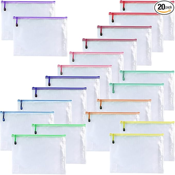 Oaimyy-20 PCS-5" x 7"-Mesh Zipper Pouch, Plastic Zip File Folders Puzzle Bags for Organizing,Office Supplies,Travel,Home Storage,Color