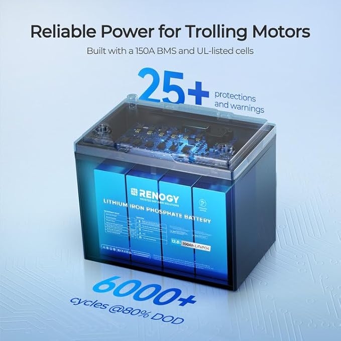 Renogy 12V 100Ah Trolling Motor LiFePO4 Lithium Battery, Bluetooth & 100A BMS, IP67 Waterproof, Group 24 Deep Cycle Battery for Marine, Boat, RV, Off-Grid Backup