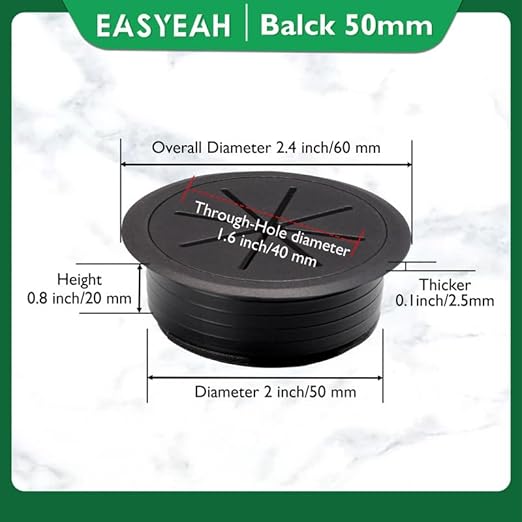 2 Pcs Desk Grommet 2" / 50 mm, Desk Hole Cover for Cables Black, Cable Grommet ABS Plastic, Desk Hole Grommet for Home & Office Pc, Detachable Cable Cord Organizer