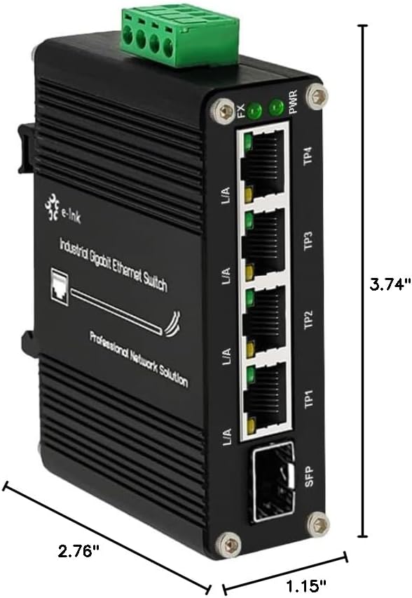 Mini Industrial 4 Port 10/100/1000Mbps Gigabit Ethernet Switch with SFP Din Rail/Wall-Mount 10/100/1000BASE-T RJ45 + 1 100/1000FX (SFP) Support 12-48V DC 10Gbps Switching Capacity