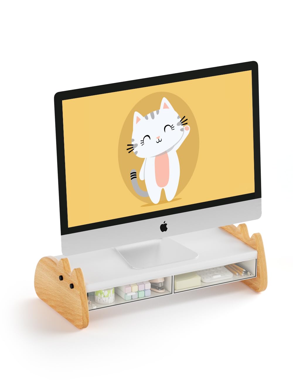 AFOOYO Dual Monitor Stand Riser, Wing-Shaped Sturdy Desktop Wood Stand for 2 Monitors, White Riser for Laptop, PC, Computer