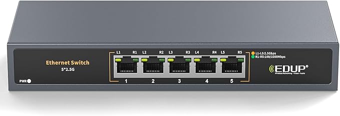 Ethernet Switch 2.5 Gigabit, 5 Ports Multi-Gigabit Ethernet Switch, Unmanaged, Fanless, Plug & Play, Reliable Network Splitter, Ideal for Gaming, NAS, PC, Silent, Desktop/ Wall Mount, Metal Design