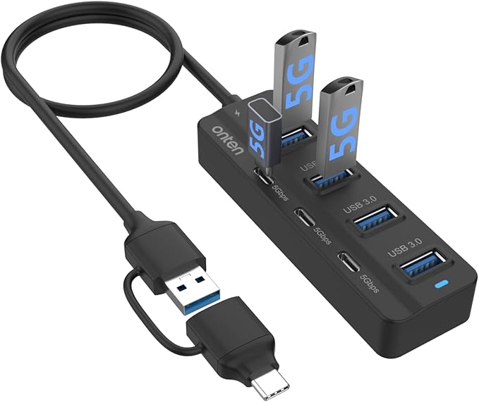 Onten USB C Hub,7 Ports USB3.0 to USB-C HUB with a USB C to USB 3.0 Adapter. 3.2ft Cable 4*USB3.0 Ports,3*USB C Ports forThunderbolt 3/4 MacBook Surface Pro and More USB/USB C Devices