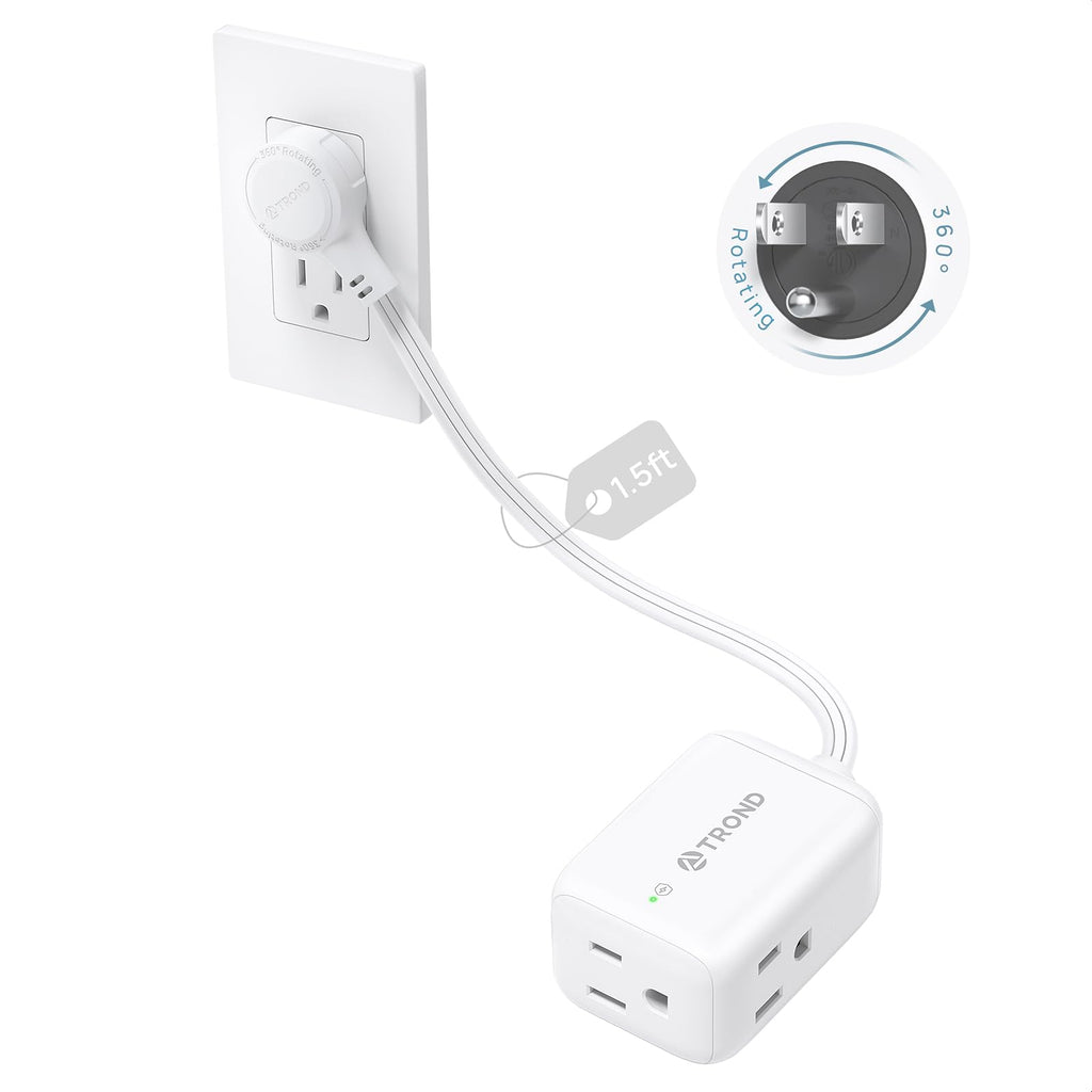 TROND Rotating Flat Plug Extension Cord Surge Protector 1.5ft, 3 AC, White
