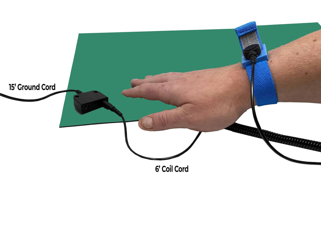 RubberStat Dual Layer ESD Compliant Workstation Rubber Table Mat Kit, Soldering, Cell Phone Repair, with Wrist Strap Set and Ground Cord - 24"x24" Green