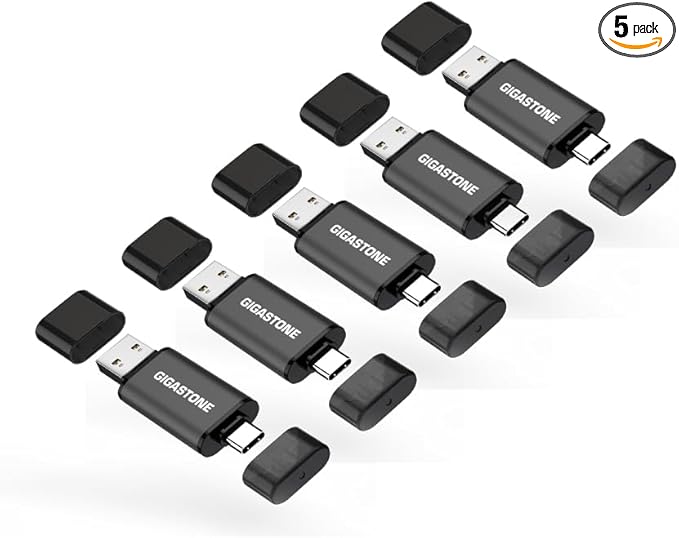 GIGASTONE 128GB Dual Flash Drive (5 Pack) Z40 USB 3.2 Gen 1, 2-in-1 Type-A & Type-C, 100MB/s Ultra Fast, Head Cap Design, Plug & Play for Smartphone/PC/Mac/TV/Car Audio, USB 2.0/3.0/3.1 Compatible