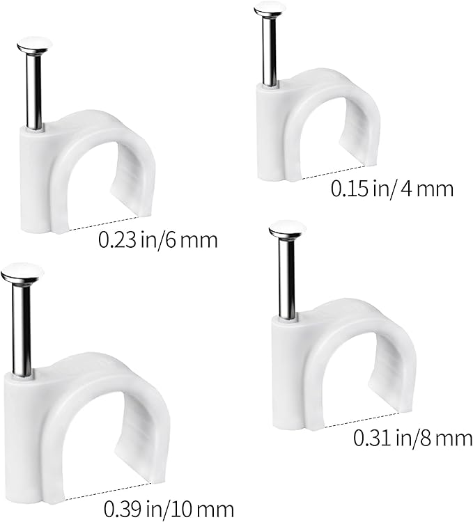 Cable Clips, 400 Pcs, 4mm 6mm 8mm 10mm, Wire Wall Clips with Steel Nails, Ethernet Cable Clips, Cable Tacks Coax Cable Clips, RG6 RG59 CAT6 RJ45 Cable Cord Clips, White…