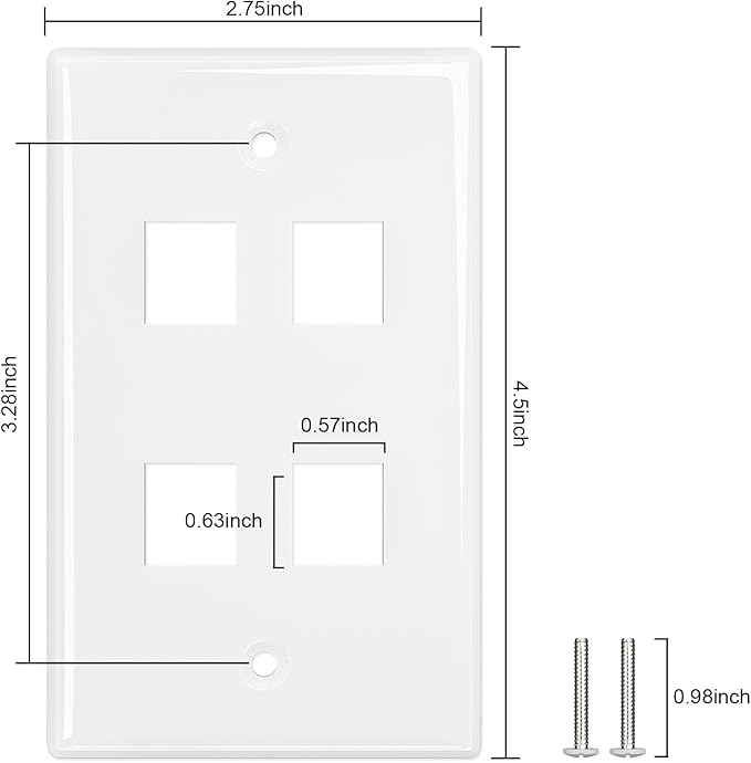 FGB 4-Port Keystone Wall Plate 20-Pack, Low-Profile Single Gang Wall Plates for RJ45, HDMI, and Coax Keystone Inserts, White