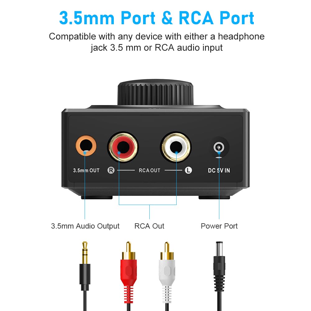 YMOO B06T3 Bluetooth 5.3 Receiver, 100ft RCA Bluetooth Audio Adapter for 3.5mm Jack AUX HiFi Home Stereo/Speaker from Smartphone/Tablet/Laptop, Dual Link for Two Speakers, SBC AAC Audio
