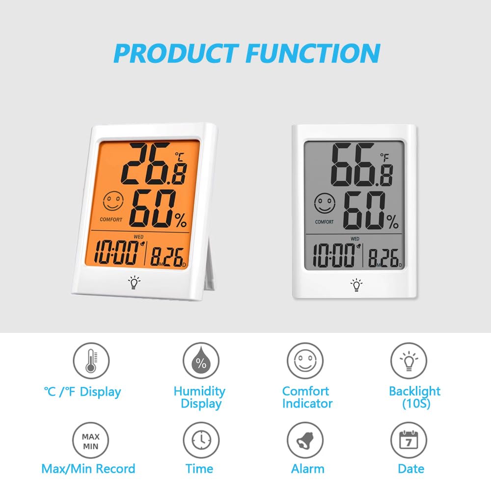 Timloon Digital Indoor Thermometer for Room, Smart Temperature Humidity Monitor with Backlight, Comfort Indicator, Max/Min Record, Time, Calendar, Alarm, °c/°f Switch for Bedroom, School