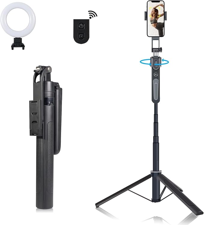 Extendable Auto Face Tracking Phone Tripod Stand, Compatible for Android/iPhone, 360° Rotation Selfie Sticks with Light, Smart AI Facial Recognition, Cameraman Shooting for Video, Vlog, Live Stream