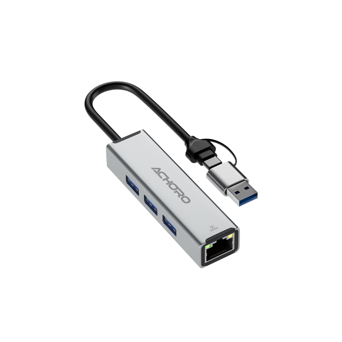 ACHORO Multi-Function USB to Ethernet Adapter with LAN – Built-in USB A & USB C, Extra 3 USB Connections with RJ45, Aluminum Alloy, for PC & Mac (LAN & USB Ports)
