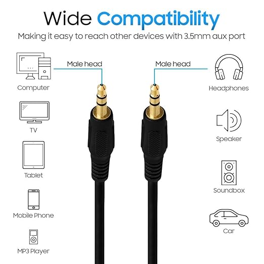 Cmple - 12 ft 3.5mm Aux Audio Cable, Male to Male, Black, Compatible with Car, Phone, Headphones, PC, TV