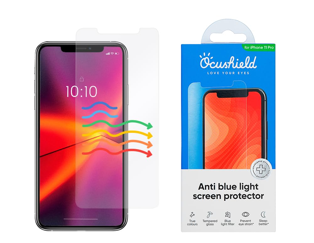 Ocushield Anti Blue Light Tempered Glass Screen Protector of iPhone 11 Pro, X & XS (5.8") – Blocks Blue Light, Prevents Eye Strain & Helps You Sleep Better, 9H Hardness & Case Friendly