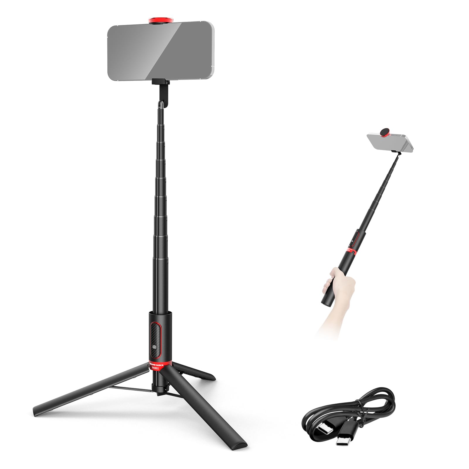 NEEWER Basics PA991 Selfie Stick Tripod Compatible with iPhone Samsung Android, 57.9 Inch Metal Portable Lightweight Travel Mobile Phone Stand with Holder & Remote Control for Video Recording