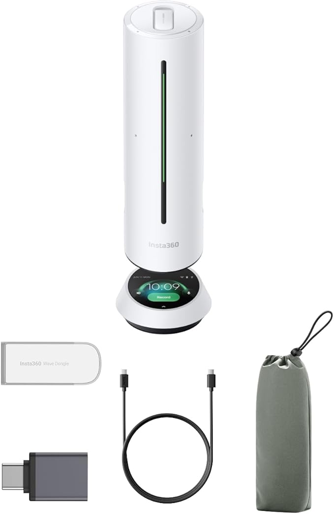 Insta360 Wave - AI Speakerphone, Bluetooth, Voice Recorder, 8 Noise-Canceling Mics w/Beamforming, AI Transcript & Summary, Support 99 Languages, 32GB Storage, Meetings, Podcasts, Livestreams