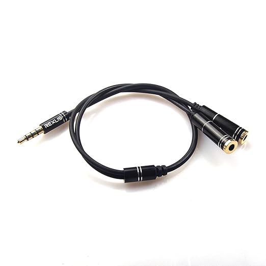 REXUS Black 3.5mm Y Splitter Stereo Audio Cable 4-Pole Male to 2 Female for Headphone, Headset Splitter Adapter Extension Aux Cable, Compatible MobilePhone and New Version Laptop(M22F35H)
