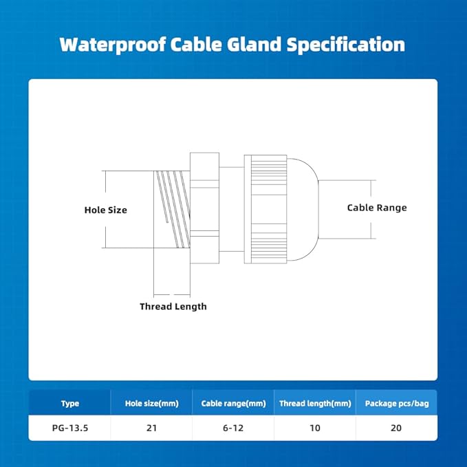 Cable Gland 20 Pack Plastic Waterproof Adjustable Connector 6-12mm PG13.5 Strain Relief Cord Connectors Joints Nylon with Gaskets