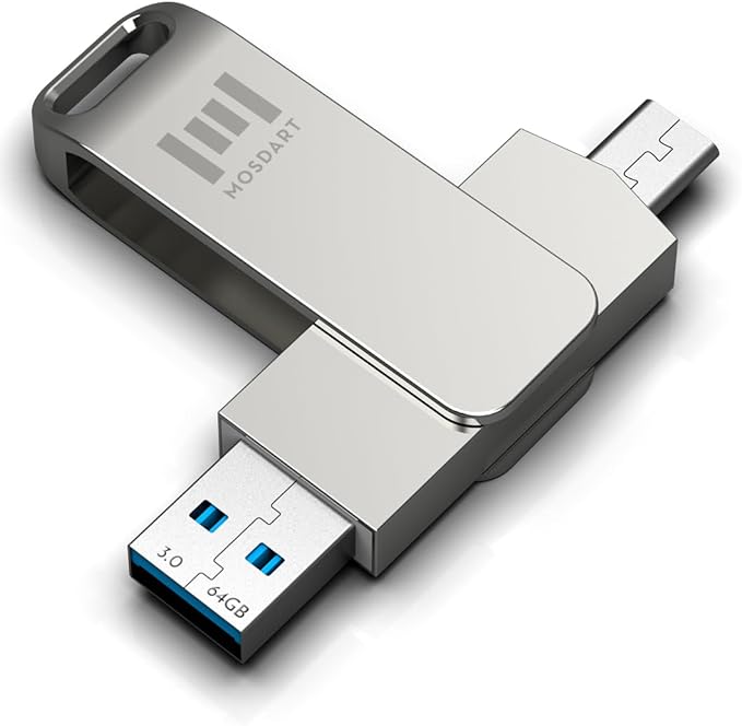 MOSDART 64GB USB3.1 Fast Speed C and A Dual Flash Drive, exFAT Memory Stick with Keychain Loop, for iPhone 15 and 16, Android Phone, iPad, MacBook, Silver