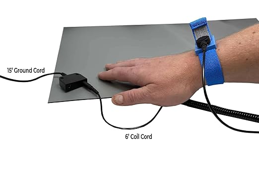 RubberStat Dual Layer ESD Compliant Workstation Rubber Table Mat Kit, Soldering, Cell Phone Repair, with Wrist Strap Set and Ground Cord - 48"x48" Grey