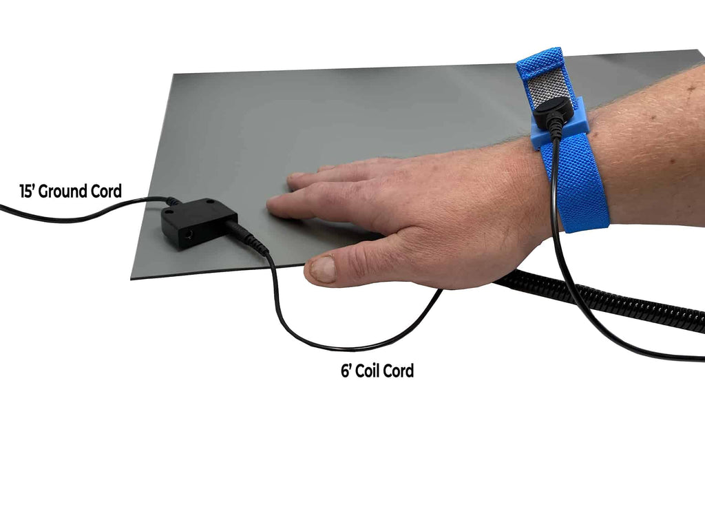 RubberStat Dual Layer ESD Compliant Workstation Rubber Table Mat Kit, Soldering, Cell Phone Repair, with Wrist Strap Set and Ground Cord - 24"x60" Grey