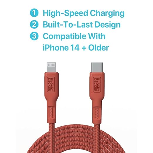 BLACK+DECKER USB C to Lightning Cable - Fast Compatible iPhone Lightning Cable - Durable Braided Type C iPhone Charger Cord - for Travel and Daily Use - Multiple Colors and Lengths - 3ft