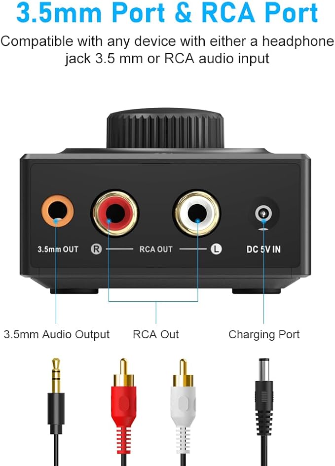 YMOO B06T3 Bluetooth 5.3 Receiver, 100ft RCA Bluetooth Audio Adapter for 3.5mm Jack AUX HiFi Home Stereo/Speaker from Smartphone/Tablet/Laptop,Dual Link for Two Speakers,SBC AAC Audio