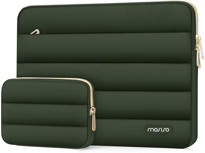 MOSISO 13.3 inch Laptop Case, 13-13.3 inch Puffy Laptop Sleeve Compatible with MacBook Air 13 13.6 M4 M3 M2 M1/Pro 13/Pro 14, HP Dell ASUS Lenovo,Polyester Horizontal Bag with Small Case, Army Green