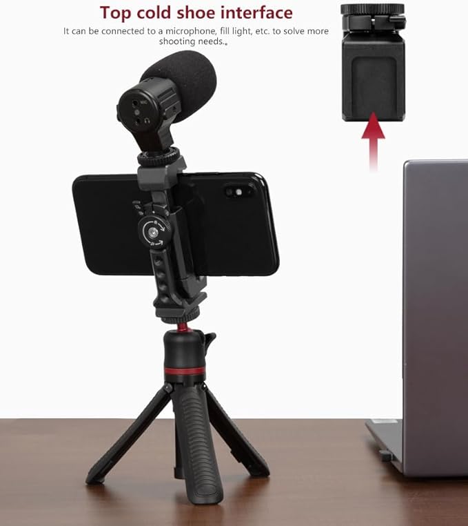 REFLEX CAMERA Metal Mobile Phone Tripod Mount, 360° Rotatable with Cold Shoe Mount, Universal Smartphone Attachment Clamp, 1/4" & 3/8" Mounting Screw Holes, Arca Swiss compatible Base Plate for iPhone