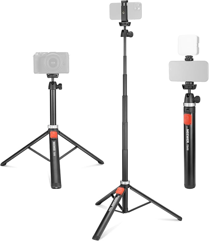 NEEWER Tripod for Cell Phone & Camera with Remote & Phone Holder Compatible with iPhone GoPro Canon Sony DSLR, 62.9" All Metal Portable Selfie Stick Travel Vlog Stand for Video Recording, TS05
