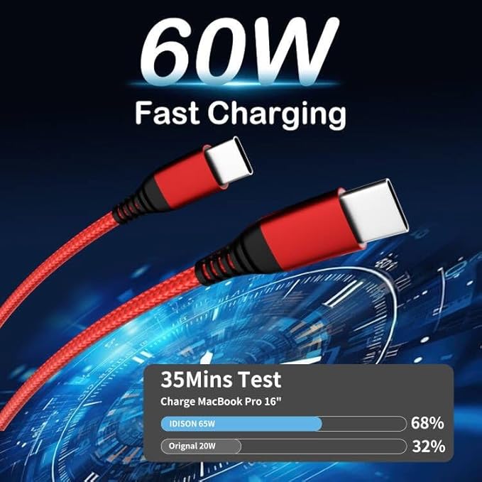 USB C to USB C Cable 60W(3A), Nylon Braided Type-C Charger Cable Fast Charging for iPhone 15 Pro Max Plus/Samsung S23, Switch, Pad and More(3FT 3Pack)