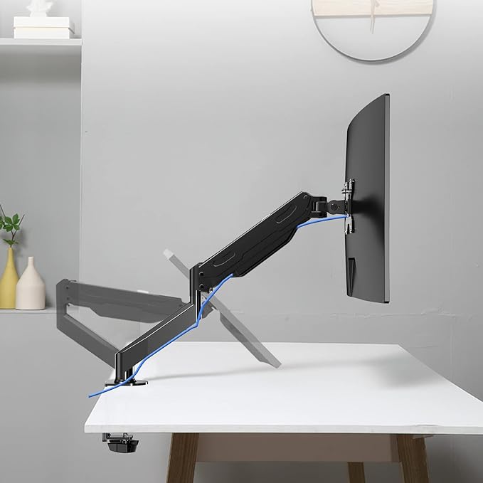Gas Spring Monitor Arm 32 Inch,Adjustable Single Monitor Desk Mount with Swivel/Tilt/Rotation,Computer Monitors Stand Holder with Clamp/Grommet Mounting Base, VESA Mount Bracket