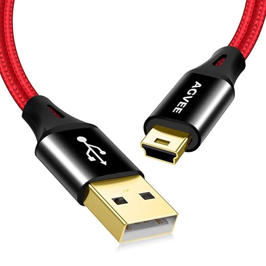 AGVEE 2 Pack 6.6ft Mini USB Cable, Braided Durable USB-A to Mini-B Charger Charging Cord for TI-84, Garmin GPS, Go-Pro Hero 4 3 2 HD, PS3 Controller, Canon Camera, Blue Yeti Microphone, Red