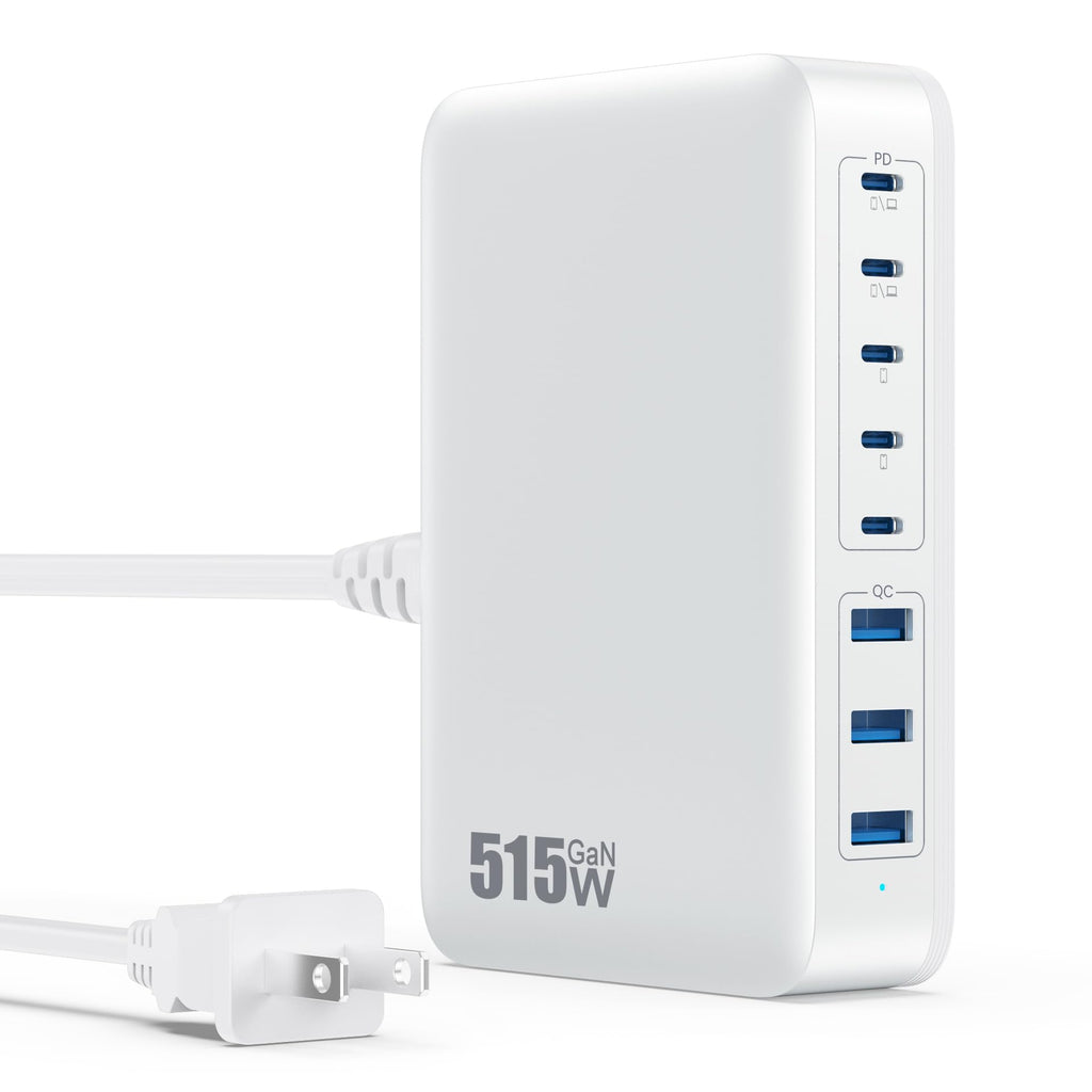 USB C Charger Block 515W[2025 Upgraded] GaN IV 8 Port Fast Charging Station Hub,Dual PD 100W USB C Laptop Charger Compatible with MacBook Pro/Air,iPad,iPhone 16/15,Galaxy S23/S24 Steam Deck Dell XPS