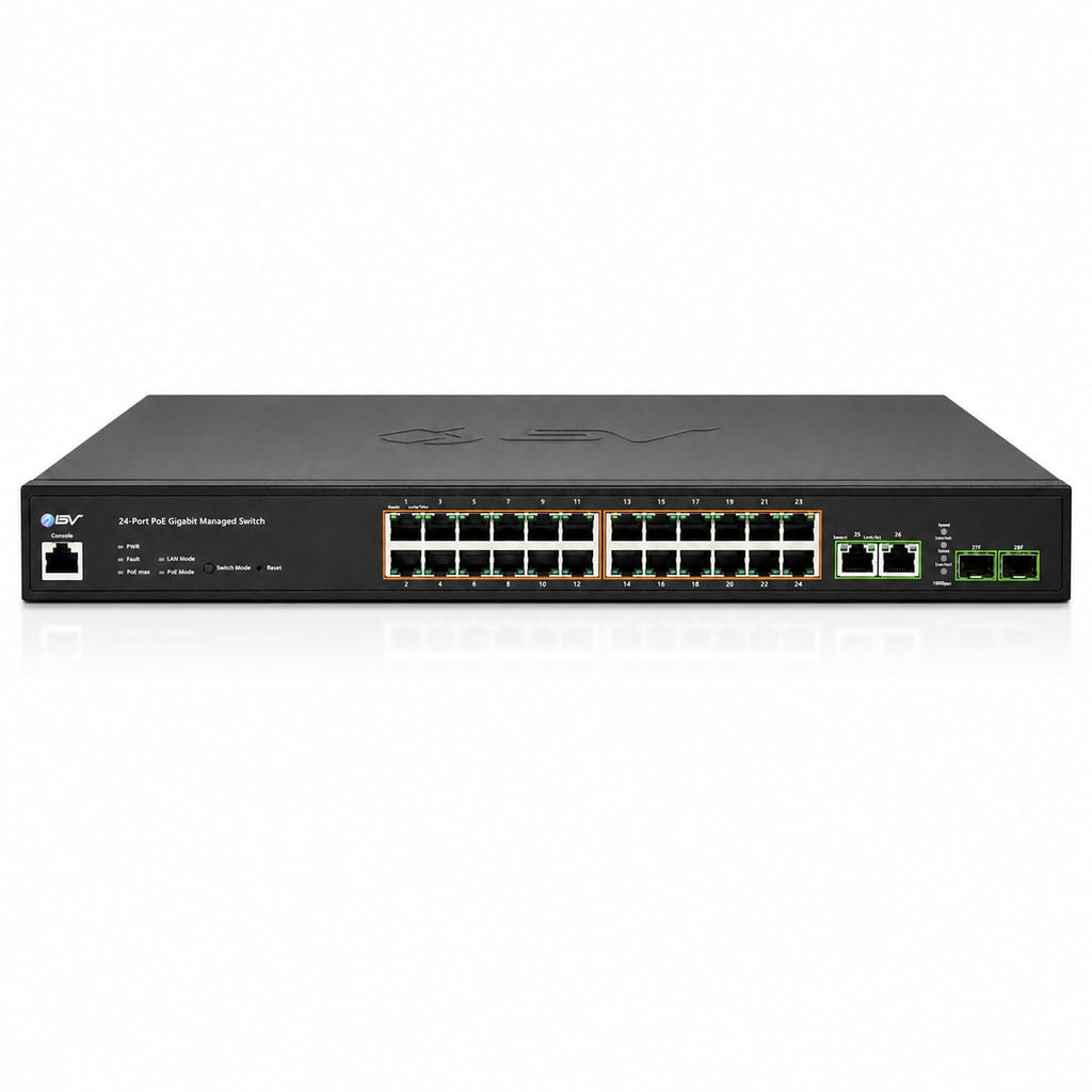 BV-Tech 24-Port Gigabit PoE+ Switch, 2 RJ45 & 2 SFP Uplinks, L2 Managed