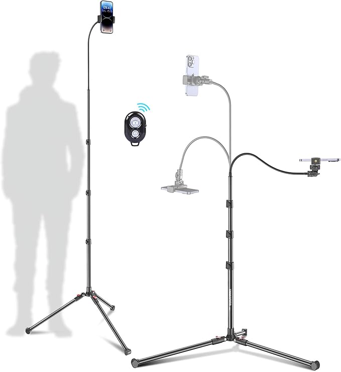 87" Phone Tripod, Overhead Flexible Tall Tripod Stand with Remote, Selfie Stick, Compatible with iPhone, 15.7" Gooseneck/Adjustable 360 Head, Gopro/Ring Light/Webcam/Video Recording/Vlogging