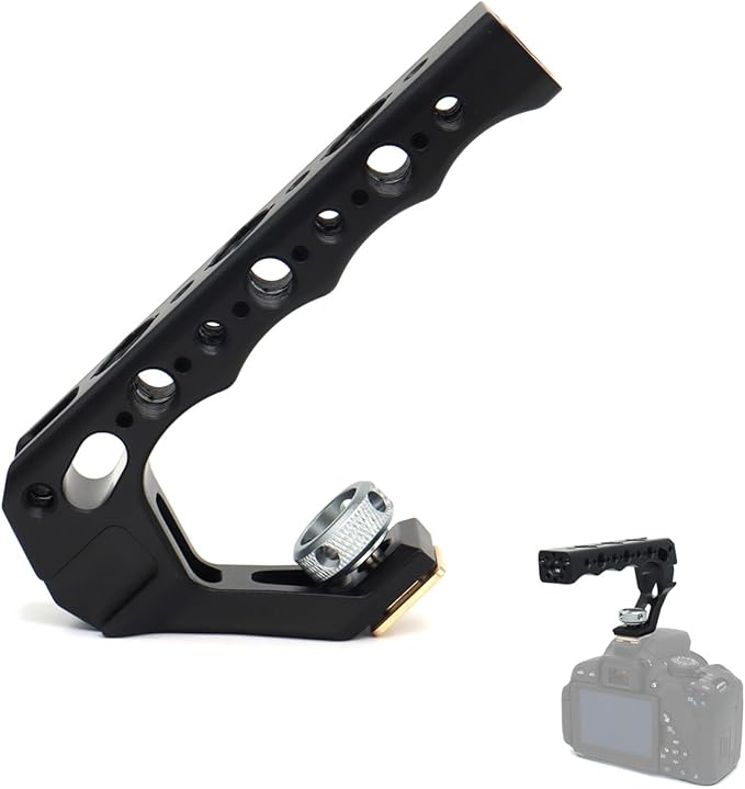 Top Handle Camera Grip with Cold Shoe Base for DSLR Camera Cage, with 3 Cold Shoe Adapters to Mount DSLR Camera with Microphone/LED Light/Monitor (Black with Cold Shoe Base)