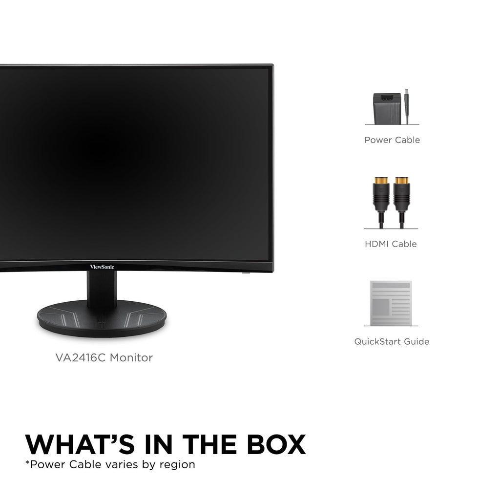 ViewSonic VA2416C 24 Inch 1080p Curved Monitor, Frameless Design with Variable Refresh Rate for Home Entertainment, HDMI, and DisplayPort Inputs