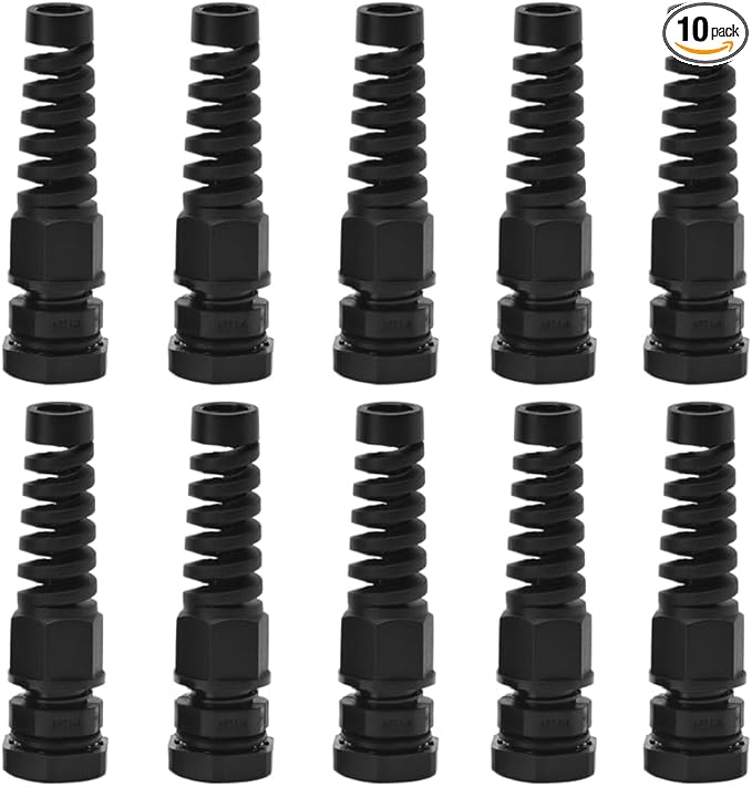Strain Relief Cord Connector, CGELE 10 Pack NPT 1/4" Waterproof Cable Gland Cord Grip Spiral Adjustable Connector Strain Relief Cord Connectors Joints Nylon with Gaskets