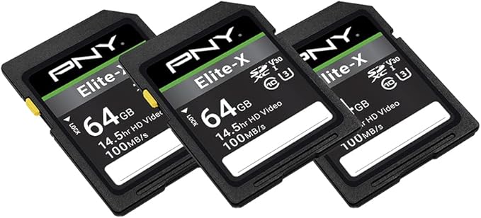 PNY 64GB Elite-X Class 10 U3 V30 SDXC Flash Memory Card - 100MB/s, Class 10, U3, V30, 4K UHD, Full HD, UHS-I, Full Size (Pack of 3)