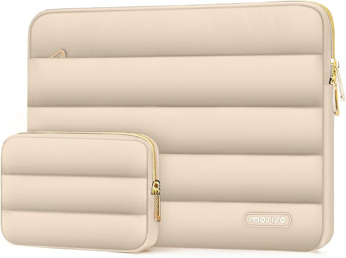 MOSISO 13.3 inch Laptop Case, 13-13.3 inch Puffy Laptop Sleeve Compatible with MacBook Air 13 13.6 M4 M3 M2 M1/Pro 13/Pro 14, HP Dell ASUS Lenovo,Polyester Horizontal Bag with Small Case, Apricot