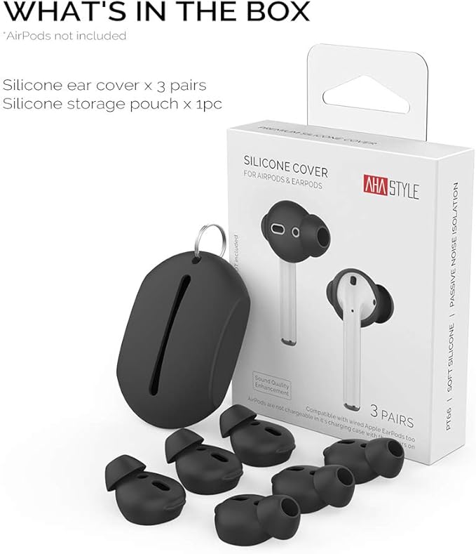 AhaStyle 3 Pairs AirPods Ear Tips Silicone Earbuds Cover [Not Fit in The Charging Case] Compatible with Apple AirPods (3 Pairs Large, Black)