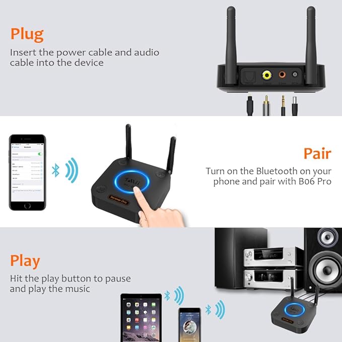 [Upgraded] 1Mii B06Pro Long Range Bluetooth Receiver, HiFi Wireless Audio Adapter, Bluetooth 5.1 Receiver with 3D Surround aptX HD Low Latency Optical RCA AUX 3.5mm Coaxial for Home Stereo System