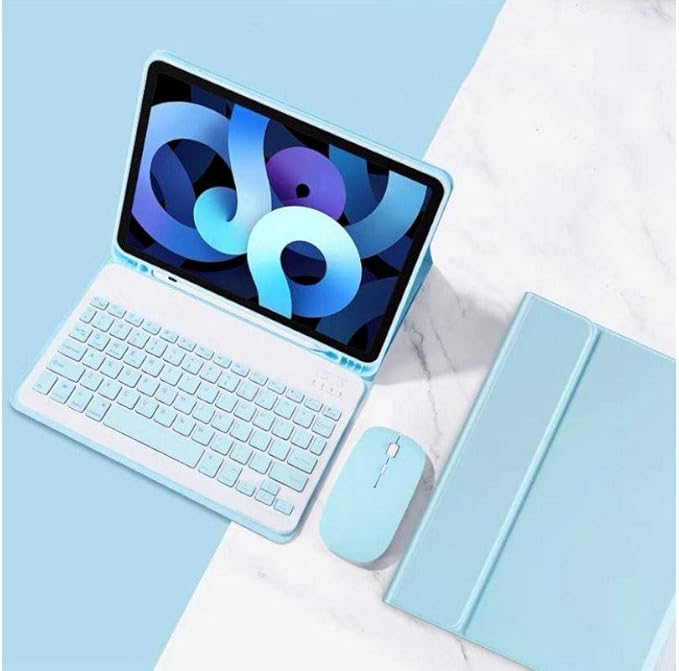 AnMengXinLing Lovely Keyboard Case for iPad 9th/8th/7th Generation with Mouse,Case for iPad9 iPad8 iPad7 10.2 inch with Pencil Holder and Deatachable Keyboard Mouse, Sky Blue
