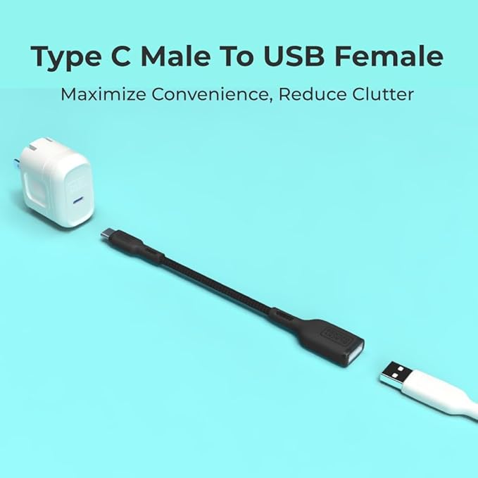 BLACK+DECKER USB C to USB A Adapter, USB C Male to USB Female Adapter Nylon Braid, Type C OTG Cable Compatible w/iPhone 16 15 Pro, MacBook Pro 2022/Air/Mini, iPad—2 Pack, 3" (Black)