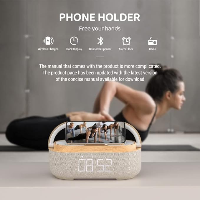 Bluetooth Speaker Alarm Clock with Wireless Charger, FM Radio, Adjustable LED Night Light, 6 in 1 Bedroom Portable Speaker 2500mAh, Phone Stand for Bedside, Home, Office, Gift