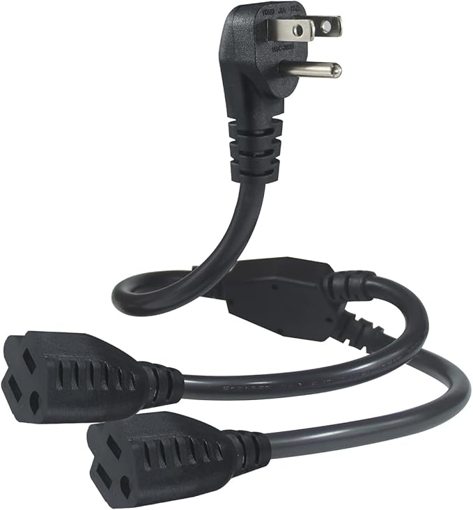 Power Cord Extension Y Splitter - 1 to 2 Way Outlet Adapter NEMA 5-15P 90-Degree Flat Plug to 2 X NEMA 5-15R with SJT 16AWG 3-Prong Cable Wire Extender Space Saver for Home Office Appliance 2-Pack
